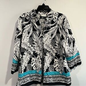 Alfred Dunner Black and White Leaf Print Button-Front Blouse with Teal Accents